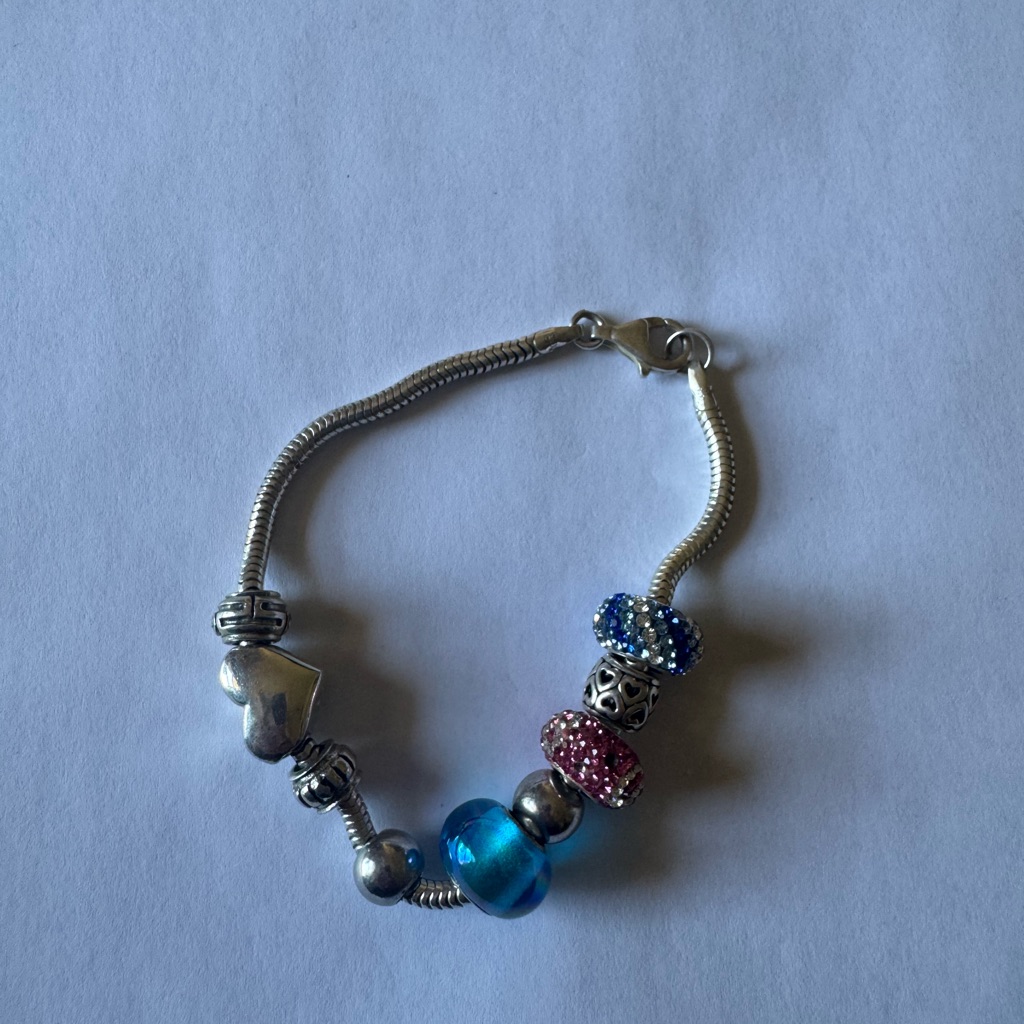 Silver Tone Bracelet With Blue And Pink Accent Beads
